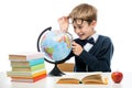 Portrait of a happy schoolboy with a magnifying glass studying a Royalty Free Stock Photo
