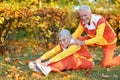 Happy senior couple doing exercises in autumnal park Royalty Free Stock Photo