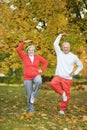 Happy senior couple doing exercises in autumnal park Royalty Free Stock Photo