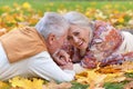 Portrait of happy senior couple lying in autumn park Royalty Free Stock Photo