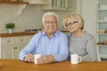 Portrait of happy senior couple sitting in the kitchen hugging and drinking tea or coffee. Royalty Free Stock Photo