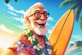 Portrait of happy senior man surfing. Active lifestyle of a pensioner. Happy aging. Cartoon illustration. Generative AI Royalty Free Stock Photo