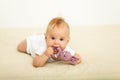 Portrait of happy smile baby relaxing on the bed Royalty Free Stock Photo