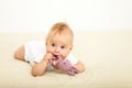 Portrait of happy smile baby relaxing on the bed Royalty Free Stock Photo