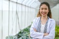 Portrait happy smile young modern farmer plantation with science and technology