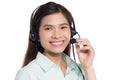 Portrait of happy smiling asian woamn support phone operator in