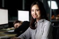 Portrait of happy smiling beautiful Asian woman with headphones work night shift at call center customer care service desk, Royalty Free Stock Photo