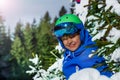 Portrait of happy smiling boy in alpine ski helmet and mask Royalty Free Stock Photo