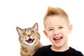 Portrait of happy smiling boy and cat Scottish Straight Royalty Free Stock Photo