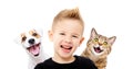 Portrait of happy smiling boy with a dog Jack Russell Terrier and a cat Scottish Straight Royalty Free Stock Photo