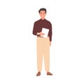 Portrait of happy smiling businessman holding tablet PC. Confident office worker standing in formal clothes. Flat vector