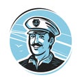 Portrait of happy smiling captain. Sailor, seafarer, seaman logo or label. Vector illustration Royalty Free Stock Photo