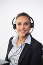 Portrait of happy smiling cheerful support phone operator in headset, isolated on white background Royalty Free Stock Photo