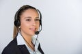 Portrait of happy smiling cheerful support phone operator in headset, isolated on white background Royalty Free Stock Photo