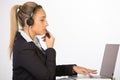 Portrait of happy smiling cheerful support phone operator in headset, isolated on white background Royalty Free Stock Photo