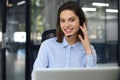 Portrait of happy smiling cheerful support phone operator in headset at office Royalty Free Stock Photo