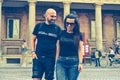 Portrait of happy smiling Couple at Bologna . tourist in Italy Happy Bearded man kissing and hugging on the streets of Italy Royalty Free Stock Photo