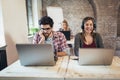 Happy smiling customer support phone operator at workplace Royalty Free Stock Photo