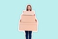 Portrait of a happy smiling delivery woman with heap of big boxes Magazine collage style with trendy color background