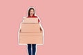 Portrait of a happy smiling delivery woman with heap of big boxes Magazine collage style with trendy color background