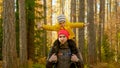 Portrait Happy Smiling Father and Son Sitting on His Father's Shoulders Walking Through Sunny Autumn Yellow Summer Royalty Free Stock Photo