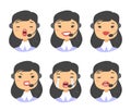 Portrait of happy smiling female customer support phone operator. Callcenter worker with headset. Cartoon illustration asia