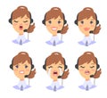 Portrait of happy smiling female customer support phone operator. Callcenter worker with headset. Cartoon vector illustration cauc