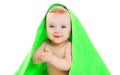 Portrait happy smiling little baby under towel on white Royalty Free Stock Photo