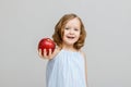 Portrait of a happy smiling little blonde girl on a gray background. A child holds out a red apple Royalty Free Stock Photo