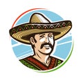 Portrait of happy smiling mexican in sombrero, logo or label. Cartoon vector illustration Royalty Free Stock Photo