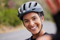 Portrait of a happy smiling mixed race athletic young woman taking a selfie during a break from cycling outside .Sporty Royalty Free Stock Photo