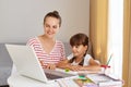 Portrait of happy smiling mother sitting next to her little schoolgirl daughter and doing homework, woman helping child with Royalty Free Stock Photo