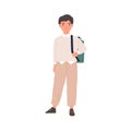 Portrait of happy smiling schoolboy with schoolbag. School boy standing in sneakers, trousers, shirt and sweater. Child