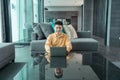 Portrait of happy smiling young business Asian, Chinese man person using laptop notebook computer, working online in meeting room Royalty Free Stock Photo