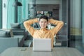 Portrait of happy smiling young business Asian, Chinese man person using laptop notebook computer, working online in meeting room Royalty Free Stock Photo