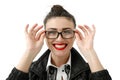 Portrait of happy smiling young cheerful businesswoman in glasses, isolated over white background Royalty Free Stock Photo