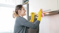 Portrait of happy smiling young woman cleaning and polishing surfaces on kitchen while doing housework