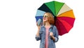 Portrait happy smiling young woman with colorful umbrella and cup of coffee looking away isolated on white background Royalty Free Stock Photo