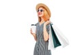 Portrait of happy smiling young woman with shopping bags wearing summer straw round hat, black white striped dress isolated on Royalty Free Stock Photo