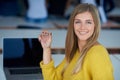 Portrait of happy smilling student girl at tech classroom