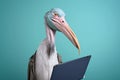 portrait of a happy stork in a business suit with a laptop, created with Generative AI technology