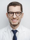 Portrait of happy young bearded male doctor smiling with eyeglasses isolated on white background Royalty Free Stock Photo