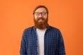 Portrait of happy successful redhaired guy with beard wearing eyeglasses Royalty Free Stock Photo