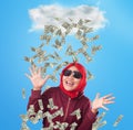 Young Woman Under Rain of Money Royalty Free Stock Photo