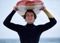 Portrait of happy surfer, man with surfboard and ocean surfing sport outdoors for free fitness, exercise and water Royalty Free Stock Photo