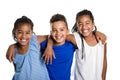 Portrait of happy three black childrens, white background Royalty Free Stock Photo