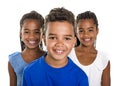 Portrait of happy three black childrens, white background Royalty Free Stock Photo