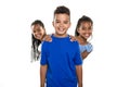 Portrait of happy three black childrens, white background Royalty Free Stock Photo