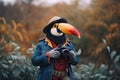 portrait of happy toucan wearing travel clothes on vacation, created with Generative AI technology