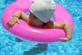 Portrait of happy white Caucasian child baby girl toddler in swimming pool outdoor. Preschool boy training to float with Royalty Free Stock Photo